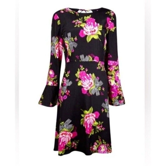 Betsey Johnson Black Floral Bell Sleeve Dress - Size 2 - Picture 3 of 11